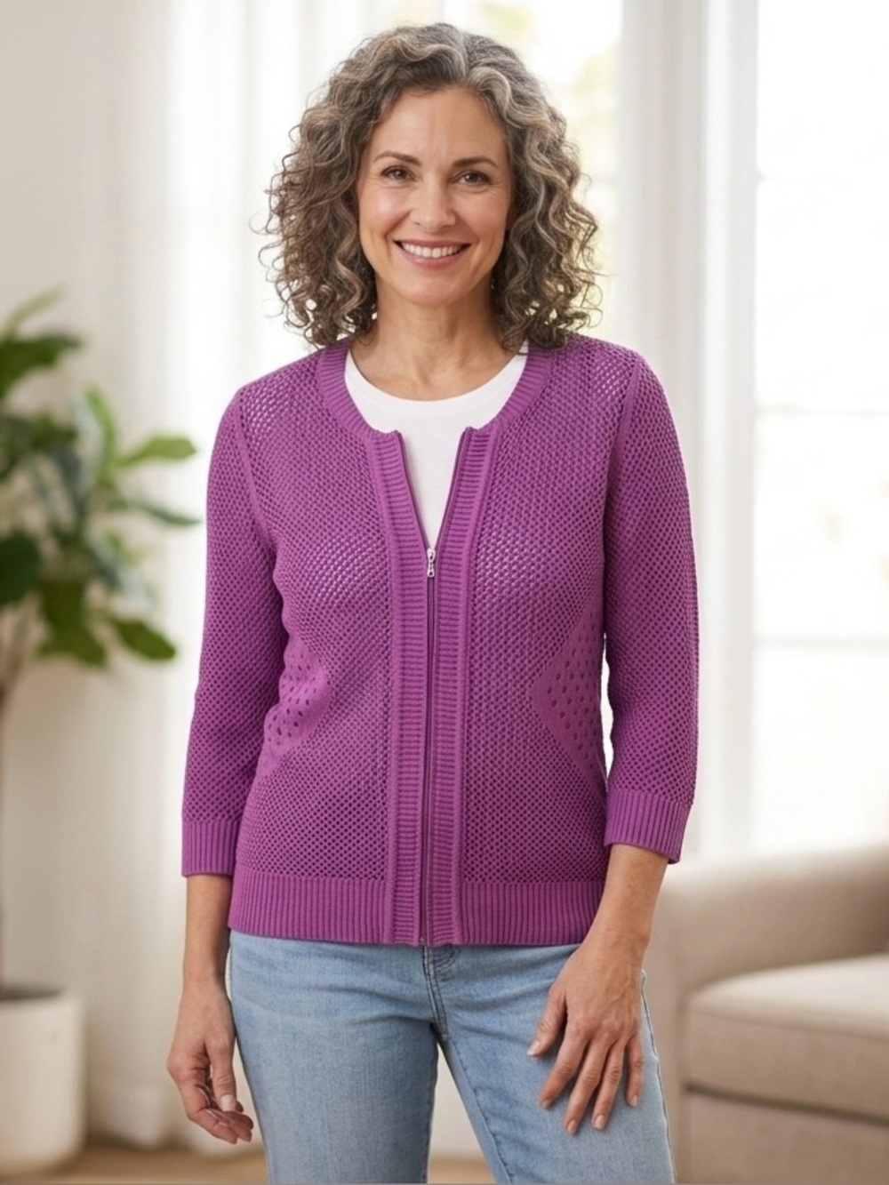 100% Cotton Vintage Purple Mesh Knit Cardigan